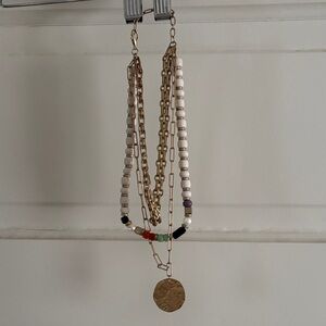 Gold Pendant Layered Bead Necklace with White and Multicolor Accents